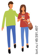 Woman drinking coffee vector, isolated male and female with plastic cup and beverage. Couple relaxing on weekends, outdoors rest strolling pair flat style. Couple Walking Together, Man and Woman with Coffee. Стоковая иллюстрация, агентство Ingram Publishing / Фотобанк Лори