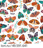 Seamless pattern with colorful hand drawn butterflies and moths on white background. Stylized flying insects with flowers and decorative elements, vector illustration. . Стоковая иллюстрация, агентство Ingram Publishing / Фотобанк Лори