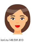 Vector cartoon character. Concept of avatar of young brown-haired woman with red lips and light makeup, earrings. Isolated portrait of pretty girl with elegance bob haircut. Attractive lady icon. Brown-haired girl with red lips, short bob haircut, face of young pretty woman with light makeup. Стоковая иллюстрация, агентство Ingram Publishing / Фотобанк Лори