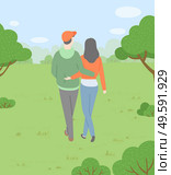 Man and woman cuddling and walking in park vector, date of boyfriend and girlfriend. Forest with trees and bushes, fondness of couple in love, people relaxing on nature together illustration. Couple in Love Walking in Park or Forest Man Woman. Стоковая иллюстрация, агентство Ingram Publishing / Фотобанк Лори