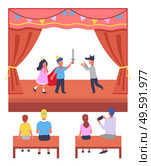 Illustration of school or children s theater production. On stage, the children participate in the play. Parents sit in auditorium, watch performance and take photos. Creative expression of children.. School children s theater performance. Parents watch the theatrical and take photos. Flat image. Стоковая иллюстрация, агентство Ingram Publishing / Фотобанк Лори