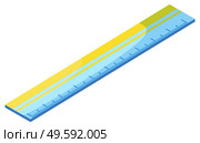 Yellow and blue ruler vector, isolated icon of device for measuring object for precision. Item decorated with dots, made of plastic material school supply. Back to school concept. Flat cartoon. Ruler for Maths Lessons, School Supplies Closeup. Стоковая иллюстрация, агентство Ingram Publishing / Фотобанк Лори