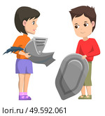 Children attending history club vector, isolated boy and girl pupils holding shield and metal helmet with feather decor. Back to school concept flat cartoon pupils learning from past events, education. History Club Children with Armory Shield Helmet. Стоковая иллюстрация, агентство Ingram Publishing / Фотобанк Лори
