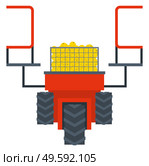 Agricultural machinery vector, isolated machine for harvesting and picking apples. Lifter with wheels and platform to stand, container with fruits apples. Harvest platform for pick organic products. Machinery for Harvesting, Agricultural Machine. Стоковая иллюстрация, агентство Ingram Publishing / Фотобанк Лори