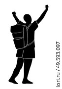 Silhouette of tourist with backpack with raised up hands. Concept of traveler conquer the peak. Isolated at white background man from back side wearing t-shirt and shorts. Raster simple icon. Silhouette of tourist with backpack with raised up hands, concept of traveler conquer the peak. Стоковая иллюстрация, агентство Ingram Publishing / Фотобанк Лори