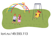 Children spending time at playground, kindergarten. Kids have fun, recreation outdoors at summer. Girl rest on swing. Boy and girl with teddy bear holding hands, walking. Girl climbing at arch ladder. Girl rest on swing, boy and girl holding hands, walking, girl climbing at arch ladder, playground. Стоковая иллюстрация, агентство Ingram Publishing / Фотобанк Лори