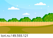 Blue sky background with decorative picket wooden fence and grass. Garden fencing, summer backyard. Summer landscape with traditional picket fence with green trees against a bright clear sky. Blue sky background with decorative picket wooden fence and grass. Garden fencing, summer backyard. Стоковая иллюстрация, агентство Ingram Publishing / Фотобанк Лори