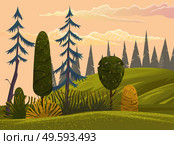 Beautiful evening landscape with pink clouded sky, silhouette of forest at background. View at evening summer scenery with green hills, trees, fir-trees. Evening nature scene with wood. Flat style. Beautiful evening landscape with pink clouded sky, silhouette of forest at background, green hills. Стоковая иллюстрация, агентство Ingram Publishing / Фотобанк Лори