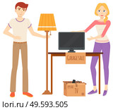 Young man and woman selling TV and torchiere, floor lamp at garage sale. Used house appliances and furniture piece. Flea market concept vector illustration. Man and Woman Selling Items at Garage Sale Vector. Стоковая иллюстрация, агентство Ingram Publishing / Фотобанк Лори