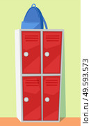 Backpack on locker, school element, case for keeping objects. Haversack and red storage in school, nobody educational place, luggage and chest vector. Rucksack on Locker, Backpack and Storage Vector. Стоковая иллюстрация, агентство Ingram Publishing / Фотобанк Лори