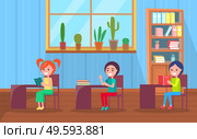 Kids on lesson vector, children sitting by desks with books and supplies. Back to school concept, flat cartoon classroom interior with bookcase and plant decoration. Kindergarten Room Kids Learning Material Vector. Стоковая иллюстрация, агентство Ingram Publishing / Фотобанк Лори