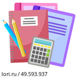 School supplies vector, isolated book and textbook, notebook pad with spiral. Calculator for making calculations, pencil and pen estimator flat style. Back to school concept. Flat cartoon. Calculator and Pencil, Textbook and Notebooks. Стоковая иллюстрация, агентство Ingram Publishing / Фотобанк Лори