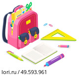 Bag with supplies for lessons vector, back to school concept. Isometric cartoon of pink satchel with scissors and printed material for classes. Textbook and pencil, ruler and eraser with clips in sack. Pink Satchel with School Supplies, Bag with Books. Стоковая иллюстрация, агентство Ingram Publishing / Фотобанк Лори