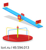 Carousel and seesaw for children to have fun and merriment. Riding merry go round on playground kids enjoying their childhood in vector illustration. Children Carousel and Seesaw for Young Kids. Стоковая иллюстрация, агентство Ingram Publishing / Фотобанк Лори