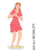 Female character complains of a chest pain, shows a hand on a place on the body that hurts. Wooman patient tells the doctor the symptoms of the disease. Girl is surprised put her hands on heart area. Female character complains of a chest pain, shows a hand on a place on the body that hurts. Стоковая иллюстрация, агентство Ingram Publishing / Фотобанк Лори