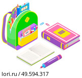 Colorful backpack full of school supplies isolated on white. Textbook, felt-tip pen, paper clips, copybook with green cover, paper scissors and eraser. Stationery isometric style vector illustration. School Supplies and Stationery Isolated Vector. Стоковая иллюстрация, агентство Ingram Publishing / Фотобанк Лори