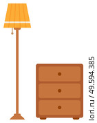 Vintage torchiere and bedside table. Floor lamp and wooden nightstand. Retro stylish piece of furniture for garage sale. Flea market vector illustration. Torchiere Floor Lamp and Bedside Table Vector. Стоковая иллюстрация, агентство Ingram Publishing / Фотобанк Лори
