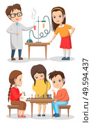 Kids playing chess board games vector, isolated children on lesson and in club. Chemistry classes with teacher and experiments, science and intelligence, back to school concept. Flat cartoon. Chemistry Classes Boy and Girl Chess Club Kids. Стоковая иллюстрация, агентство Ingram Publishing / Фотобанк Лори
