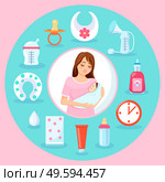 Mother holds newborn baby in her arms, surrounded by children s hygiene and feeding items. Baby supplies for newborns. Motherhood and infancy. Caring for a baby. Useful items when breastfeeding a baby. Mother holds her baby in her arms. Circle of items of baby hygiene and feeding. Caring for a newborn. Стоковая иллюстрация, агентство Ingram Publishing / Фотобанк Лори