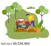 Young man works on green farm field, digging potatoes with shovel. Harvest in meshed eco bags. Car with a trailer and bags of potatoes. Work on a fresh air. Self-sufficiency. Green grass and trees. Young farmer digs potatoes in the garden. Minivan with trailer and potatoes in bags. Flat image. Стоковая иллюстрация, агентство Ingram Publishing / Фотобанк Лори