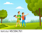 Tourists man and woman with camera in forest summer time. Family holiday, husband and wife with backpacks are hiking in green nature landscape, happy smiling people take pictures of beautiful places. Tourists man and woman with camera in forest summer time. Active lifestyle, family holiday. Стоковая иллюстрация, агентство Ingram Publishing / Фотобанк Лори