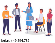 Office worker characters meeting concept. Businessman siting at the desk with computer talking to colleagues . Business people talking communicating. Discuss project, participate in business training. Office worker characters meeting concept. Discuss project, participate in business training. Стоковая иллюстрация, агентство Ingram Publishing / Фотобанк Лори