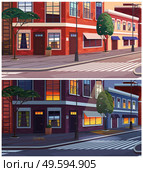 Street of town day and night time lighting, the historic urban area with trees and streetlight. Cityscape with vintage brick buildings, road with crosswalk and pedestrian walkway view from the corner. Street of town with day and night time lighting, the historic urban area with trees and streetlight. Стоковая иллюстрация, агентство Ingram Publishing / Фотобанк Лори