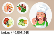 Set of cook pictures. Image of gourmet food. Young woman cook shows ok sign. Master class about cooking delicious food. Cooking online, blogging. Blogger, streamer, model. Flat vector illustartion. Images of food, dishes, cook woman. Cooking online, cooking blog. Flat image on pastel background. Стоковая иллюстрация, агентство Ingram Publishing / Фотобанк Лори