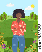 Dark-skinned confident young smiling girl with dreadlocks and gold jewelry stands with her arms crossed on her chest. Fashionable ripped jeans, bright jacket. Green city park or forest on background. Dark-skinned young girl stands on background of green forest or park. Trees, clear sky, sun. Стоковая иллюстрация, агентство Ingram Publishing / Фотобанк Лори