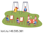Playground, children spending leisure time outdoors, kindergarten, kids have fun, recreation at summer, boy and girl rest on swing, children drawing pictures at easel, development club, flat style. Playground, children spending leisure time outdoors, kindergarten, kids have fun at summer. Стоковая иллюстрация, агентство Ingram Publishing / Фотобанк Лори