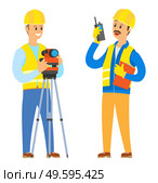Builder with walkie talkie vector, male wearing helmet and special clothes talking to colleagues, man commanding and giving tasks assignments set. Male with Camera, Architecture Creators Builders. Стоковая иллюстрация, агентство Ingram Publishing / Фотобанк Лори