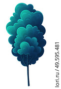 Deciduous tall tree, navy blue color, flat cartoon style isolated on white. Forest tree, magnificent crown. Oak, beech, hornbeam, diverse vegetation. Botanical illustration for games, banners, sites. Tall deciduous tree isolated on blue. Forest vegetation, dark blue foliage, lush crown. Flat image. Стоковая иллюстрация, агентство Ingram Publishing / Фотобанк Лори
