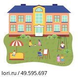 Children playing playground in front of the kindergarten building. Kids on the summer play-field playing with sand, drawing, play games, riding a swing, walking. Concept of summer kids school camp. Children playing playground in front of kindergarten building. Concept of summer kids school camp. Стоковая иллюстрация, агентство Ingram Publishing / Фотобанк Лори
