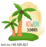 Palm trees, hot and fun summer, cartoon style, exotic trees with coconuts, green leaves, natural and subtropical plants, growing in hot warm countries, symbol of africa or hawaii, paradise concept. Palm trees, hot and fun summer text, cartoon style, exotic trees with coconuts, green leaves. Стоковая иллюстрация, агентство Ingram Publishing / Фотобанк Лори