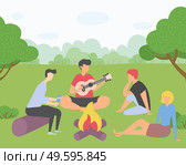 Young company of friends on picnic outside the city. Campfire gatherings, singing songs on the guitar, shoot on smartphone. Trip out of town or city park. Rest and vacation. Harvest festival in Europe. Friends on picnic outside a city, guy plays guitar, girl sits on grass, man scroll smartphone. Стоковая иллюстрация, агентство Ingram Publishing / Фотобанк Лори
