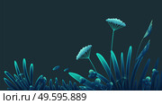 Summer time at night, navy blue background. Plants of fields and forests close-up. Vector vintage botanical illustration. Meadow grass, dandelion, chamomile, tansy. Medicinal plants. Flat vector. Meadow plants, forest grass, vegetation, flowers and stems close-up on blue background. Flat image. Стоковая иллюстрация, агентство Ingram Publishing / Фотобанк Лори