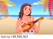 Young tanned girl plays ukulele. Sea background, sand, palm trees, ocean, clear sky. Tropical flower decoration. Traveling and tourism. Hot exotic country. Hawaiian songs and dances. Flat illustration. Young tanned girl plays the guitar. Sea, sand and sky background. Travel to tropical country. Стоковая иллюстрация, агентство Ingram Publishing / Фотобанк Лори