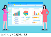 Teamwork concept. Development of a plan how to attract a customers. Woman office workers communicate, collaboration and discussion graphical business report with data charts and graphs on web page. Teamwork concept, collaboration and discussion graphical business report with charts and graphs. Стоковая иллюстрация, агентство Ingram Publishing / Фотобанк Лори