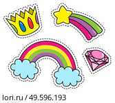 Fashion patch badges with crown, diamond, rainbow with clouds and star. Set of stickers, pins, patches in hand-drawn collection in cartoon comic style. Vector bright elements in bright colors isolated. Fashion patch badges with crown, diamond, rainbow with clouds and star. Set of stickers, patterns. Стоковая иллюстрация, агентство Ingram Publishing / Фотобанк Лори