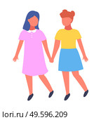 Two best friends girls holding hands. Vector illustration about friendship isolated on white. Children walk together on the playground. Friendship of children in kindergarten or junior school. Two best friends girls holding hands. Vector illustration about friendship isolated on white. Стоковая иллюстрация, агентство Ingram Publishing / Фотобанк Лори