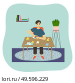 The boy plays puzzle games at home at the table, folds the cube and puts pieces of puzzles. Vector illustration of kid playing at home in the room with toys. Schoolboy spends time at home with benefit. The boy plays puzzle games at home at the table, folds the cube and puts pieces of puzzles. Стоковая иллюстрация, агентство Ingram Publishing / Фотобанк Лори