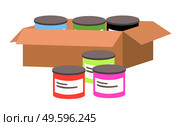 Colored paint jars in a cardboard box vector icon. Plastic container with multicolored liquids or contents. Bucket for painting symbol isolated on white background. Print house object with sticker. Colored paint jars in a cardboard box vector icon. Plastic container with multicolored liquids. Стоковая иллюстрация, агентство Ingram Publishing / Фотобанк Лори