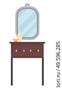 Dressing table with mirror on the wall and vases isolated on white background. Female room furniture elements flat vector illustration. Cosmetic wooden table with drawer and decorative items. Dressing table with mirror and vases isolated on white background. Female room furniture elements. Стоковая иллюстрация, агентство Ingram Publishing / Фотобанк Лори