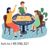 Happy family spend time at home. People playing in table game with cards, labyrinth. Mother, daughter, father play together at home. Indoors home activity, hobby. Relationships of parents and kids. Mother, daughter, father play together at home, happy family spend leisure time together at home. Стоковая иллюстрация, агентство Ingram Publishing / Фотобанк Лори