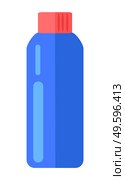 Cartoon icon. Realistic bottle with red cap. Container for detergent, cleanser, liquid, soap, shower gel, shampoo, lotion, bath foam, cleaning agent, washing cleaner. Cosmetic plastic blue bottle. Realistic blue bottle with red cap, cosmetic plastic bottle with detergent, washing cleaner. Стоковая иллюстрация, агентство Ingram Publishing / Фотобанк Лори