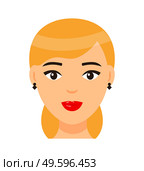 Vector cartoon character. Concept of avatar of young blonde woman with red lips and light makeup, earrings. Isolated portrait of pretty girl with elegance ponytail hairstyle. Attractive lady icon. Avatar of beautiful blonde woman with elegance ponytail, hairstyle, earrings, lady with light makeup. Стоковая иллюстрация, агентство Ingram Publishing / Фотобанк Лори