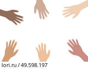 Multicultural and multiethnic people community integration concept with raised human hands. Racial equality of different culture and countries background. Vector Illustration.. Multicultural and multiethnic people community integration concept with raised human hands. Racial equality of different culture and countries background. Vector Illustration. Стоковая иллюстрация, агентство Ingram Publishing / Фотобанк Лори