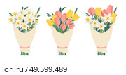 Bouquet collection set with spring flowers tulips and daffodils isolated on white background. Vector Illustration. Bouquet collection set with spring flowers tulips and daffodils isolated on white background. Vector Illustration EPS10. Стоковая иллюстрация, агентство Ingram Publishing / Фотобанк Лори