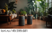 Eco-friendly bamboo charcoal air purifiers installed in a modern living room with plants and soft ambient lighting. Modern air purifier and indoor plant near beige wall. Banner for design. Стоковое AI-изображение, AI-художник ALLA YURTAYEVA / Фотобанк Лори