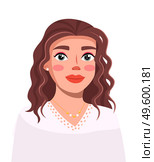 Beautiful young girl with curled hair, with makeup, closeup. Well-groomed woman. Lipstick, eye shadow, blush. Blogger, streamer, model. Educational master class online. Flat vector image on white. Beautiful young woman with make-up and hairstyle, blogger, streamer, presenter. Flat vector image. Стоковая иллюстрация, агентство Ingram Publishing / Фотобанк Лори